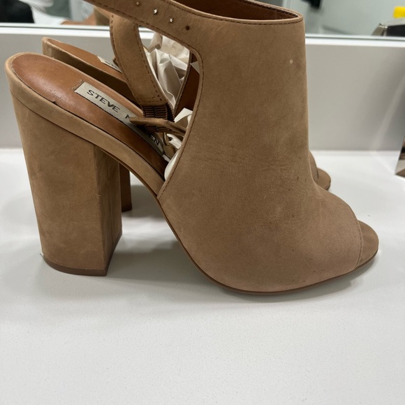Steve Madden women Brown Callvin Camel Nubuck size 7.5 Open Toe Block Heel Pumps - Picture 4 of 7